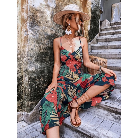 Tropical Maxi Dress Flared Open Back Criss Cross Ties Straps Red on Black - Picture 3 of 7